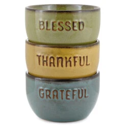 Grateful Thankful Blessed Glazed Ceramic Bowls, Set Of 3