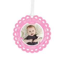 Hallmark Baby’s First Christmas Pink Scalloped Personalized Text And Photo Metal Ornament