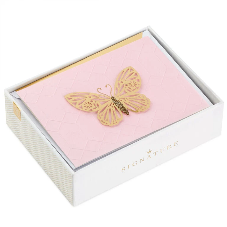 Hallmark Gold Butterfly On Pink Blank Note Cards, Box Of 8 3 Hallmark Gold Butterfly On Pink Blank Note Cards, Box Of 8