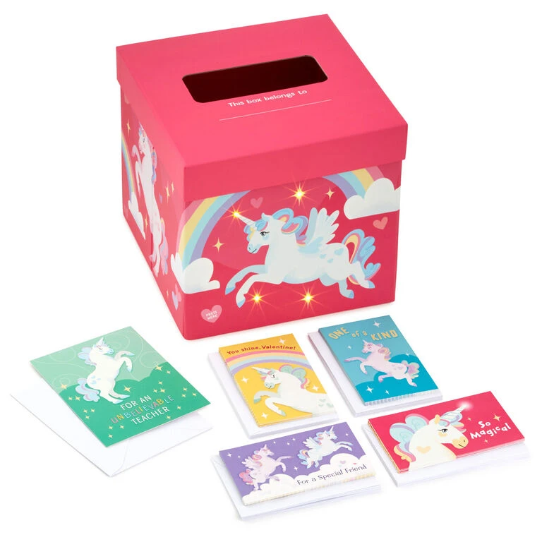 Hallmark Colorful Unicorn Classroom Valentines Set With Light-Up, Musical Mailbox 3 Hallmark Colorful Unicorn Classroom Valentines Set With Light-Up, Musical Mailbox